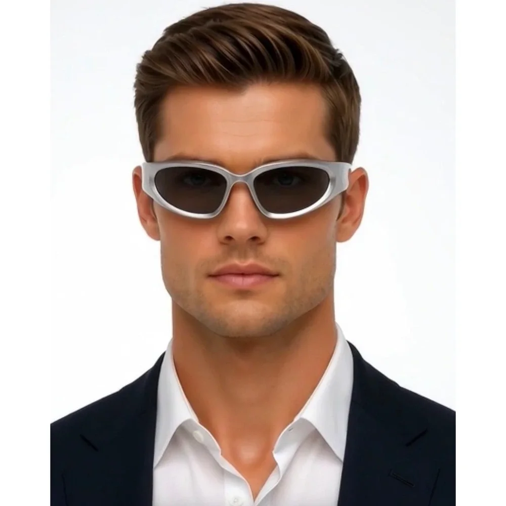 Sunglasses Men Oval Silver Frame Style Wrapped‎ Shape Sporty Avant-Garde Hip Hop